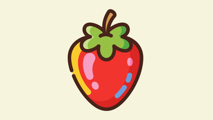 Cartoon strawberry illustration with yellow outline and green leaves on cream backdrop