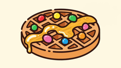 Cartoon waffle with colorful candies and syrup on a light beige background