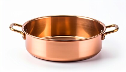 Round copper cooking pan with gold handles on white background, showcasing elegant kitchenware design.