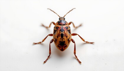 Fototapeta premium A close up of a beetle with distinctive spotted patterns on its elytra, resting on a white surface