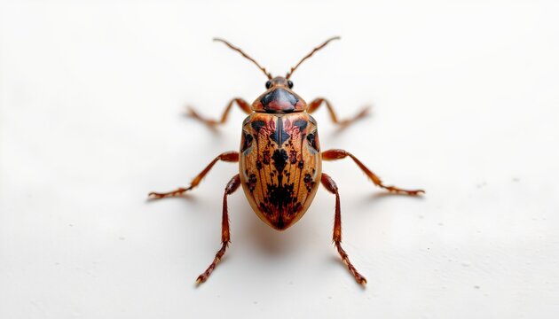 A close up of a beetle with distinctive spotted patterns on its elytra, resting on a white surface