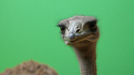 Close-up portrait of an ostrich head and neck against a green screen
