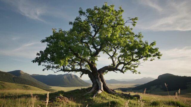 Arbre solitaire avec un feuillage vert luxuriant, des racines noueuses et un tronc tordu, se dressant au sommet d'une colline herbeuse devant un vaste paysage de montagne sous un ciel bleu