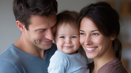 Fototapeta premium Smiling diverse parents joyfully holding their toddler in a cozy indoor setting, showcasing love and trust in a family-oriented atmosphere with warmth and connection
