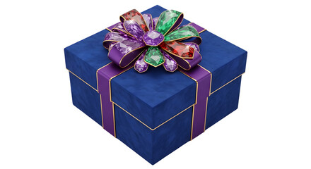 A blue gift box with a colorful bow on top