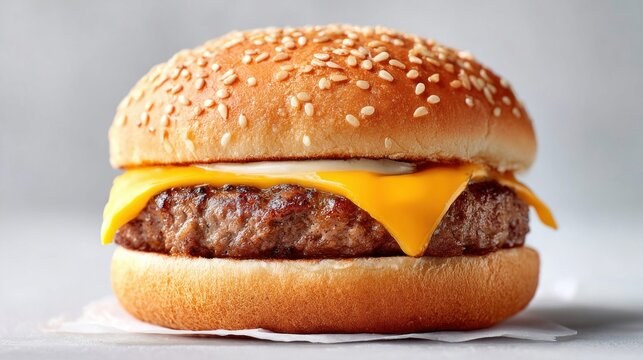 Delicious cheeseburger with sesame seed bun on a white background