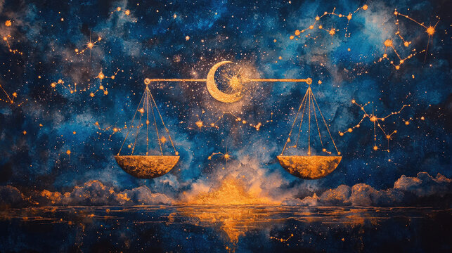 Golden Libra scales balanced against a vibrant cosmic watercolor galaxy of stars and nebulae, symbolizing astrological harmony, spiritual equilibrium and celestial justice