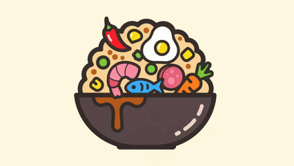 Colorful cartoon illustration of a delicious rice bowl with various ingredients