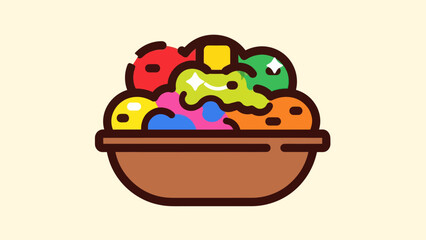 Colorful cartoon illustration of a fruit bowl with various fruits and a wooden base