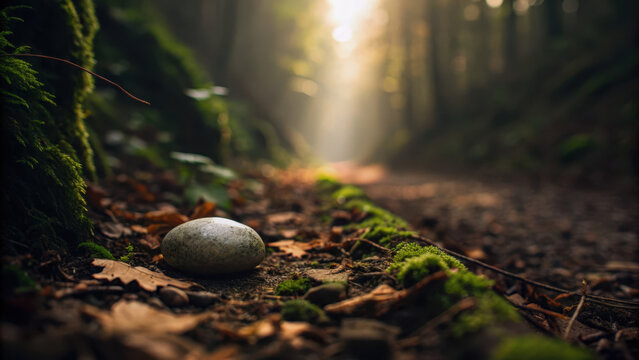 Lost city mythic visual. single engraved pebble lies on mossy forest path, surrounded by fallen leaves and dappled sunlight