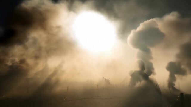 Man in gas mask looking at battlefield after enemy attack. Concept of war, military conflict, and chemical warfare.