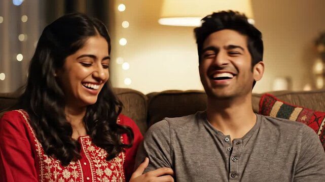 Young couple laughing together on the sofa in their living room, enjoying a lighthearted moment of connection and joy.