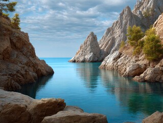 Fototapeta premium Mountainous landscape with calm blue water rocky shores cloudy skies