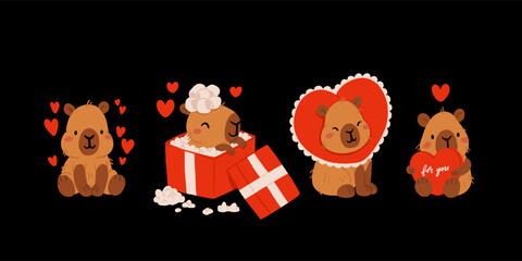 Cute Valentines Day capybara clipart set with heart balloons, romantic letters, capybara in gift box, kawaii animals with hearts, love messages and presents, characters for cards, stickers and print