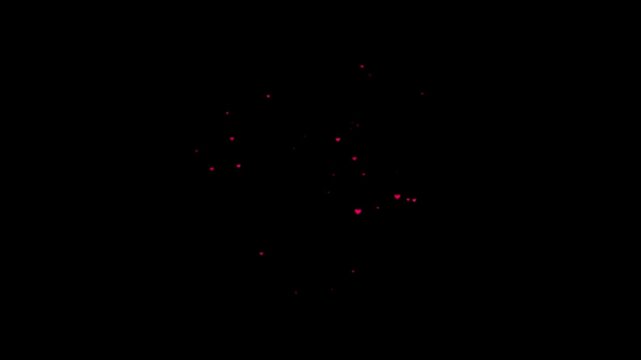 Love heart explosion animation. Red heart icons bursting outward on black background