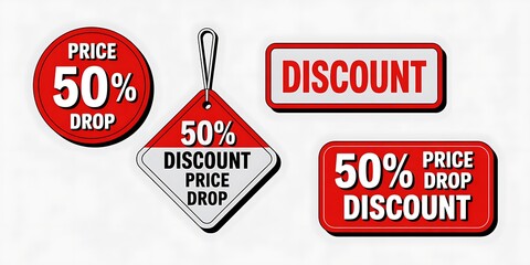 Discount and price drop labels and stickers in red and white