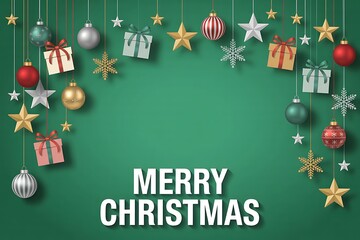 Merry Christmas festive decorations with ornaments and gifts on green background