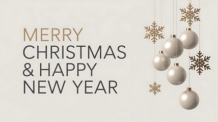 Merry Christmas and Happy New Year holiday greeting card with silver ornaments and snowflakes