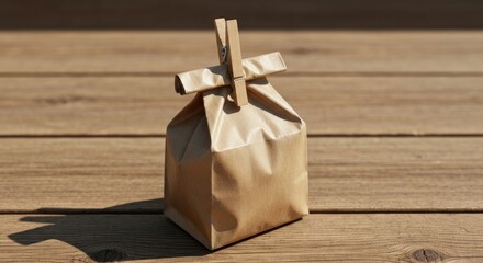 A folded brown paper bag, held closed with a wooden clothespin