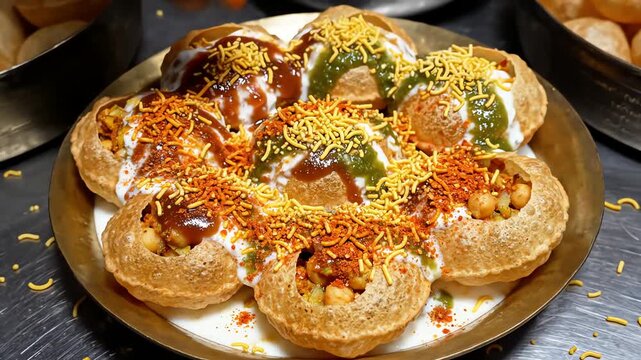 Pani puri arranged on a golden plate, garnished with sev, chutneys, and spices, showcasing the vibrant colors and textures of this popular Indian street food.