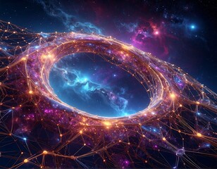 Futuristic, geometric galaxy scene with ring-like structure, nebulae
