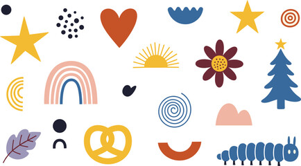 Abstract boho decorative elements collection with stars hearts rainbow sun flowers leaves shapes isolated flat vector illustration