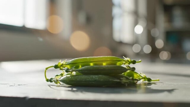 Close-up of fresh green beans stacked on a bright kitchen table with sunlight