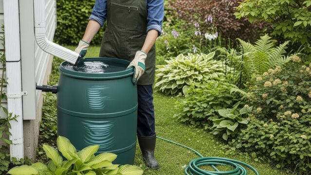 Woman connecting a downspout to a green rain barrel in a lush garden, demonstrating sustainable water collection for gardening.