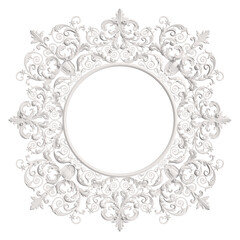 Classic white round frame with ornament decor isolated on white background
