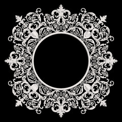 Classic white round frame with ornament decor isolated on dark grey background
