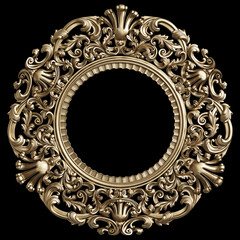 Classic golden round frame with ornament decor isolated on black background