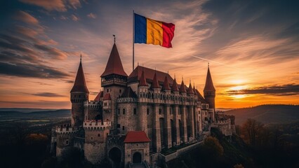 A majestic medieval fortress with a waving flag against a dramatic sunset sky