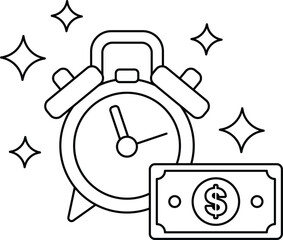 A clock and a dollar bill are shown in a black and white drawing
