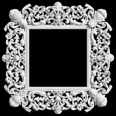 Classic white  frame with ornament decor isolated on black background