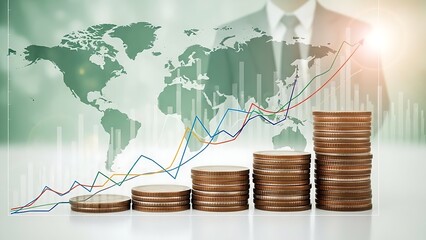 Global financial growth illustrated by rising stacks of coins and upward trending stock charts