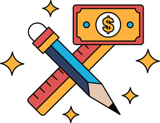 A pencil and ruler are drawn next to a dollar bill