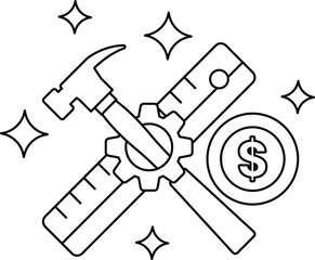 A hammer and a ruler are drawn together with a dollar sign in the middle