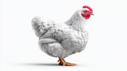 Fototapeta premium A beautiful white hen standing in profile against a clean white background
