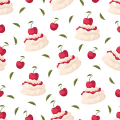 Pavlova dessert with cherries seamless pattern. Flat vector clipart, illustration with isolated background.