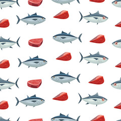 Tuna seamless pattern. Flat vector clipart, illustration with isolated background.
