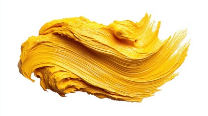 Vibrant yellow paint stroke on white background, artistic abstract design