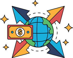 A drawing of a globe with a dollar bill on it