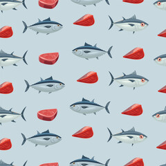 Tuna seamless pattern. Flat vector clipart, illustration with isolated background.