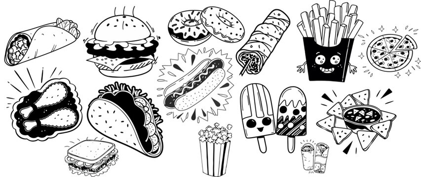 Vector doodle art of popular fast food snacks in playful hand-drawn style, great for menu designs, kids illustrations, and decor themes.