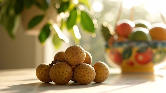 Slow-motion sequence of a pile of ripe speckled lychee fruits with a colorful