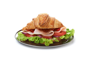 croissant with ham on silver tray isolated on white background