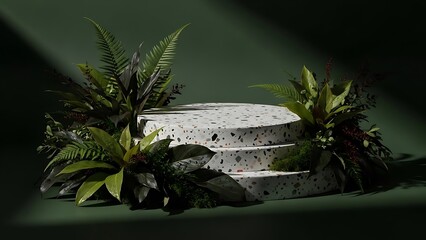 display terrazzo round podium with dark forest green leaf