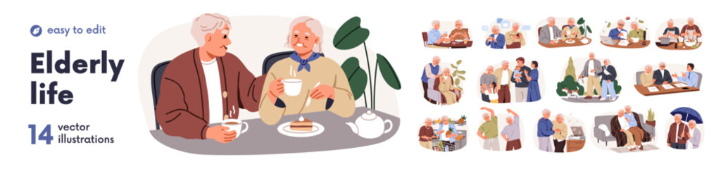 Naklejka na ściany i meble Senior couple, happy active life. Elder family activities set. Old man and woman lifestyle. Elderly cooking, walking, shopping, dancing together. Flat vector illustration isolated on white background