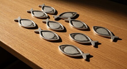 Close-up of ten metal Ichthys symbols arranged on wooden surface