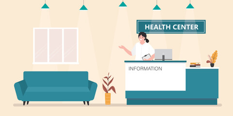 Modern medical clinic reception interior with furniture. Woman receptionist standing on lobby. Nurse in hall of health center.